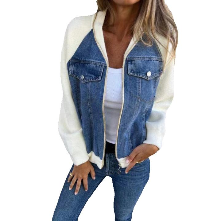 ﻿   Mujeres Otoño Invierno Denim Costura Chaquetas Señoras Casual Manga larga Cremallera Jeans Abrigos