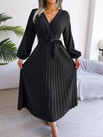 Vestido largo plisado con dobladillo grande para mujer, vestido cruzado de Color liso con cuello en V, moda de primavera y verano - details 7