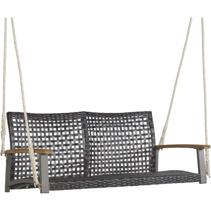 Columpio de Exterior de Ratán PE 2 Asientos Resalto Curvado y Soporte de Brazo de Madera de Acacia - 1