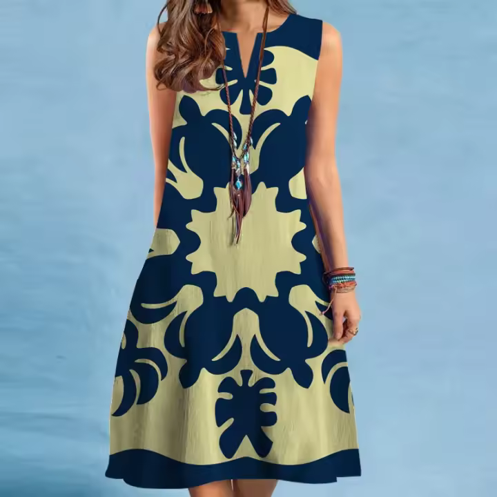Vestido nuevo con cuello en V, sin mangas, vestido estampado sexy, vestido midi largo con vuelo amplio. - 1