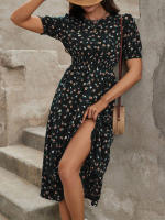 Vestido de mujer, novedad de verano 2025, vestido de longitud media acampanado a la moda con cintura alta y flores redondas para mujer - details 21