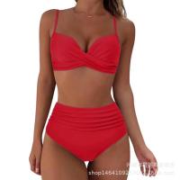 Nuevo Bikini dividido de color sólido con tiras cruzadas, traje de baño de cintura alta, sexy - details 3