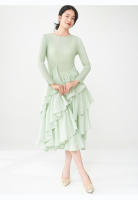Vestido de primavera Miyake para mujer, aspecto sofisticado, cintura delgada, con bordes con volantes y mangas largas con elegancia. - details 20