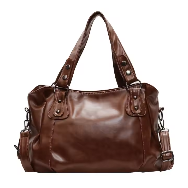 Bolso de Hombro Negro Brillante Correa Ajustable Accentos Metálicos Cierre de Cremallera - 1