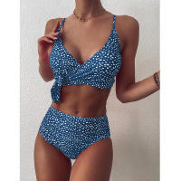 Bikini azul de lunares para mujer, traje de baño Sexy de cintura alta, bañador brasileño de realce con cordones, conjunto de Bikini 2021 - details 1