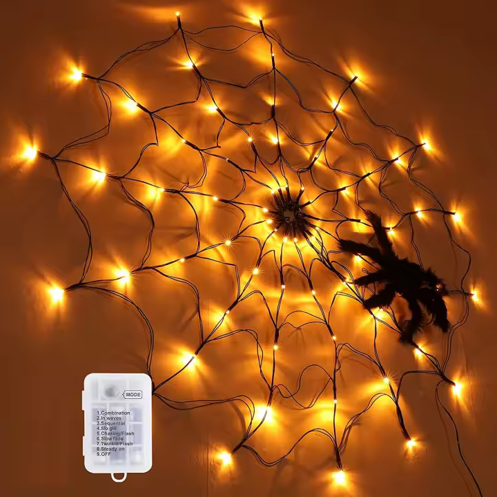 Telaraña de 1,2 m de diámetro, 80 luces LED con araña negra, decoración de Halloween para fiesta, patio, Bar, hogar - 1