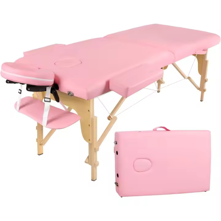 Camilla de Masaje Plegable - 2-Zona Madera Camilla Estetica Portatil para Fisioterapia y Tatuaje (Rosa) - 1