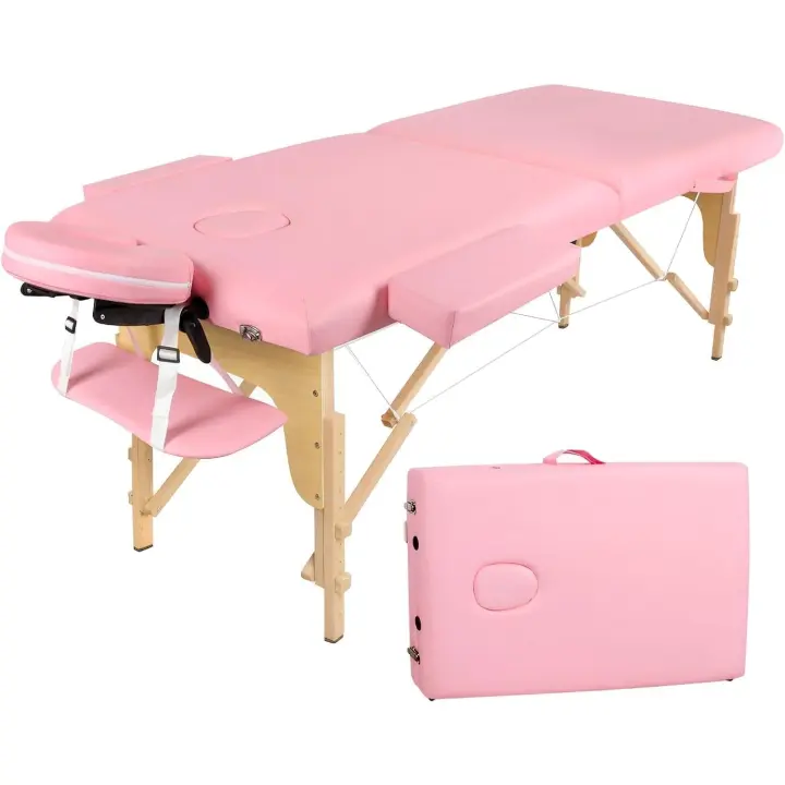 Camilla de Masaje Plegable - 2-Zona Madera Camilla Estetica Portatil para Fisioterapia y Tatuaje (Rosa) - 1