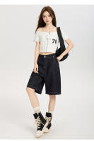 Pantalones Vaqueros Blancos de Tenis de Cinco Puntos para Mujer, Verano 2025, Nuevo Tejido de Tenis de Triple Capa, Cintura Alta, Pierna Ancha y Holgada - details 15