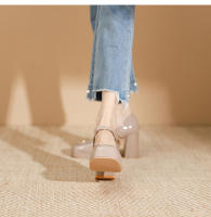 Zapatos de punta cuadrada con tacón grueso y tacón alto plano con hebilla de flor pequeña - details 22