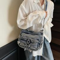 Bolso de hombro de mezclilla para mujer, bandolera de color sólido a la moda con correa ajustable, cierre de cremallera, forro de poliéster, bolso de viaje estilo coreano - details 1