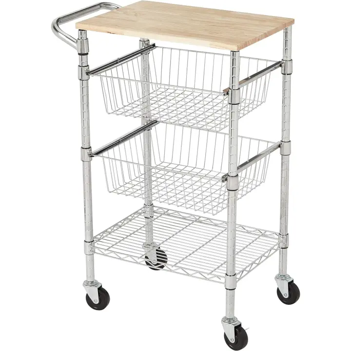 cestas metálicas, 3 estantes, con tapa de madera, Plata - 1
