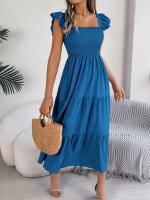 Escote cuadrado de verano con mangas anchas y pliegues, vestido informal de algodón transpirable para playa o uso diario, estilo bohemio - details 7
