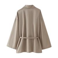 BUNO-Conjunto de pantalón de pierna ancha para mujer, chaqueta fina de manga larga con cuello de pico y solapa, abrigo con cinturón, traje liso para verano, 2025 - details 4
