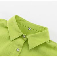 Conjunto de dos piezas de camisa de manga larga con cuello vuelto, botones y bolsillo, y pantalones cortos anchos de pierna, de algodón, estilo primaveral/veraniego. - details 2