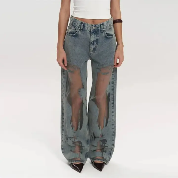 Jeans de cambio gradual de corte para mujer, jeans de tiro bajo con parche de malla, jeans retro sueltos de pierna ancha - 1