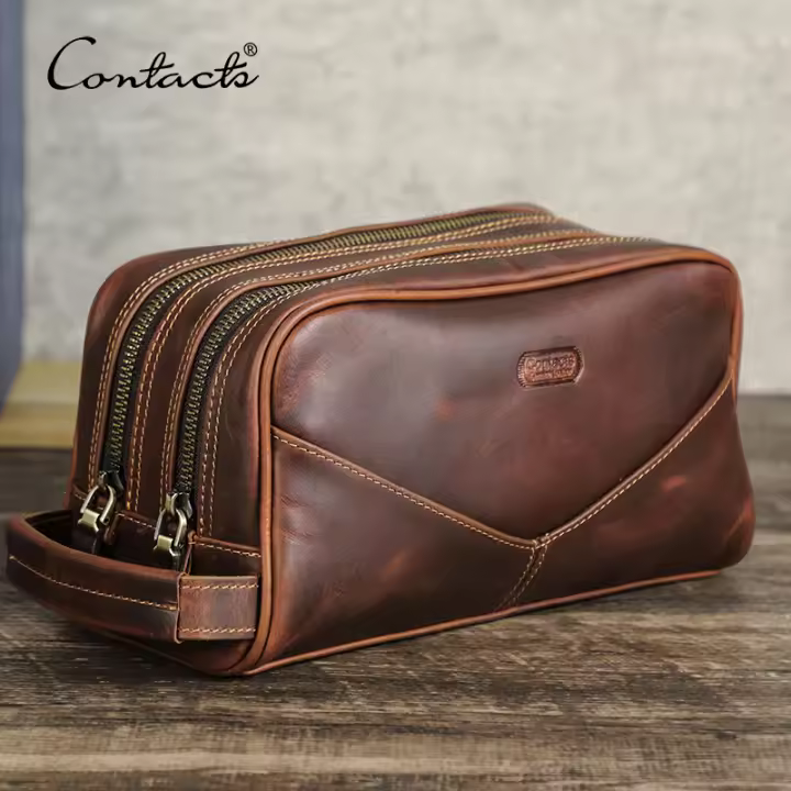 Bolso de Cosméticos de Cuero Auténtico CONTACT'S para Hombres Estilo Vintage con Piel de Caballo Loco Bolsa de Maquillaje Pequeña para Viajes Bolsa de Aseo Masculina - 1