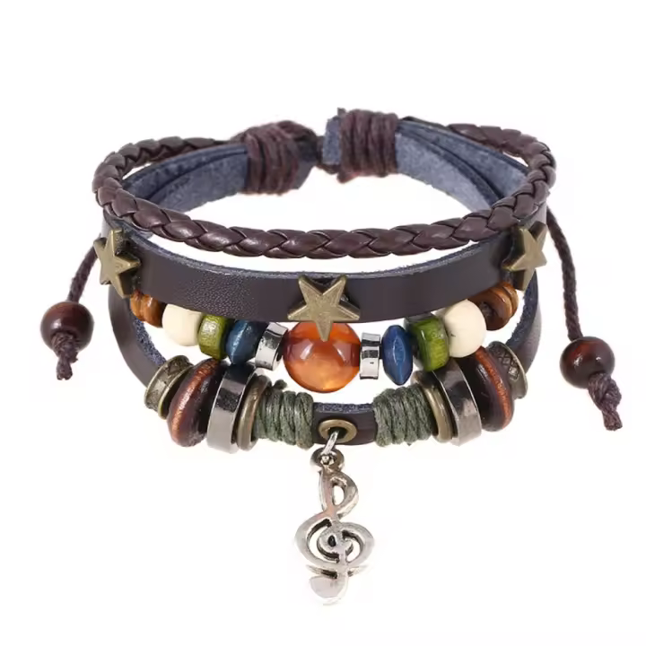 Pulsera de Cuero con Cuentas Multinivel y Colgante de Nota Musical, Brazalete Minimalista para Festivales, Joyería Masculina de Lujo, Regalos para Hombre, - 1