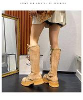 Botas de mezclilla hasta la rodilla para mujer con tacones puntiagudos y gruesos y bordado clásico para mayor resistencia al deslizamiento. - details 5