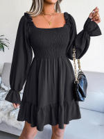 Vestido elegante de manga larga para mujer, falda de cuello cuadrado, de Color sólido vestido de volantes, moda de primavera y otoño - details 27