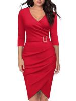 Vestido corto elegante de otoño para mujer, abrigo ajustado de manga larga con cuello en V, vestidos lisos de uso diario para mujer OL - details 5