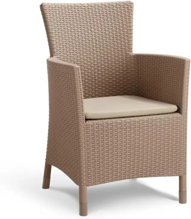 Sillón de jardín para exterior e interior con cojín incluido, resina con acabado de ratán plano, color marrón - 1