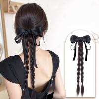 Estilo de Ballet, cola de caballo con lazo negro, extensión de cabello trenzado de boxeo, peluca de cola de poni, peluca trenzada de giro largo Natural para mujer - details 10