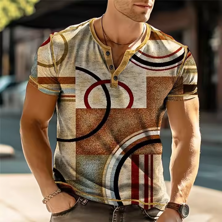 Camisas Vintage de bloque de Color de verano con estampado 3D de retazos, camiseta informal de manga corta con botones para hombre, camisetas para hombre, ropa - 1
