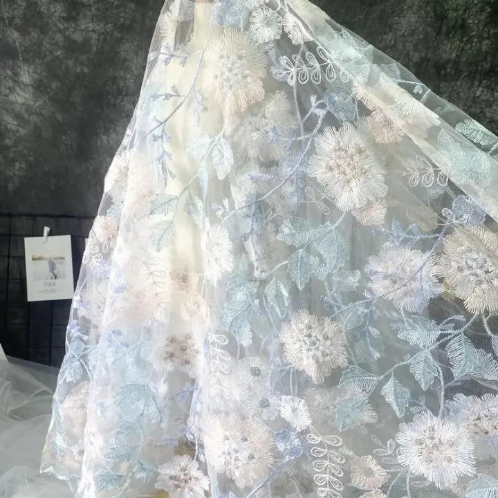 Tela de malla bordada de Color encriptado, tela de encaje, vestido de niños, tela de falda de hilo suave, precio de 1 yarda - 1