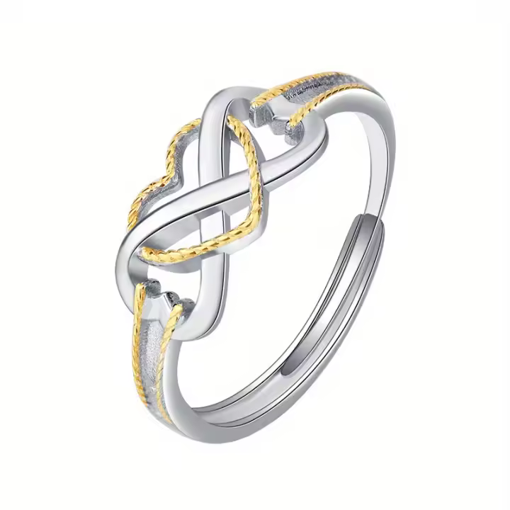 Anillo de Plata Esterlina 925 con Corazón Dorado y Símbolo de Infinidad - 1