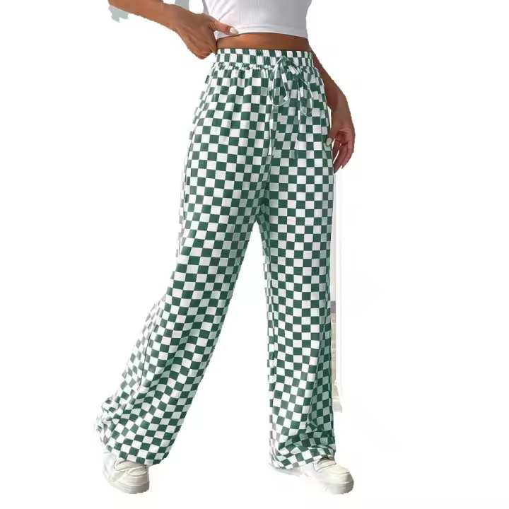 Primavera verano nuevo tablero tablero recto pierna ancha pantalón poliéster mujer - 1