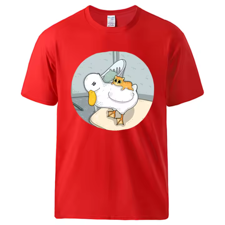 Camiseta con estampado de el pequeño gato tumbado en la espalda del pato para hombre, camisetas divertidas de algodón, ropa suave, básica, manga corta - 1