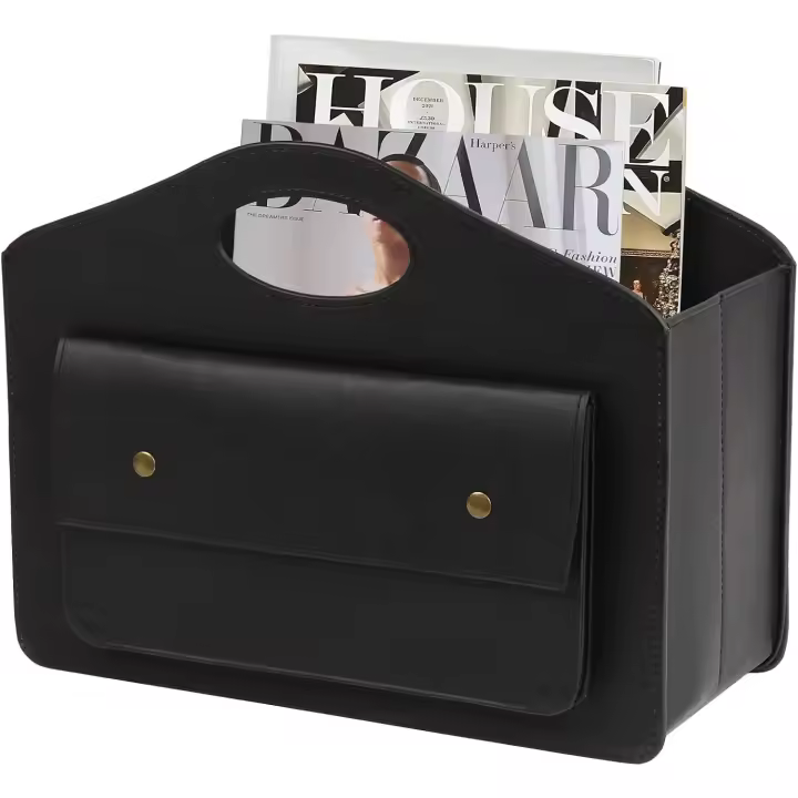 Revistero de Cuero Plegable Organizador Multiusos Negro con Bolsa Frontal Pequeña - 1