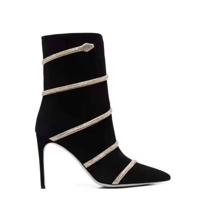 Zapato de cuero negro, tobillo de diseñador casual, botas midi, tacones altos serpentinos, botas de mujer - 1