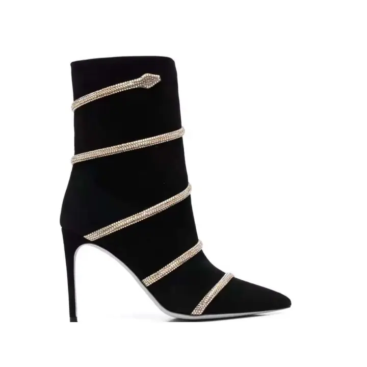 Zapato de cuero negro, tobillo de diseñador casual, botas midi, tacones altos serpentinos, botas de mujer - 1