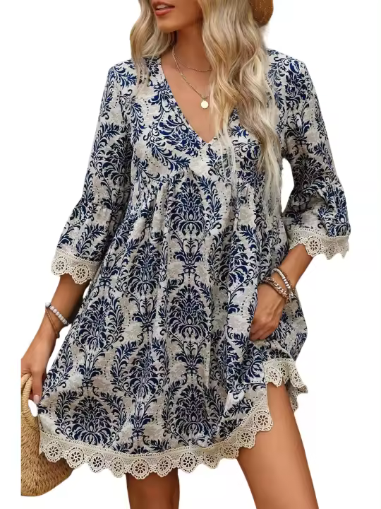 Elrachen Mini vestido acampanado vintage floral con cuello en V y manga 3/4 para mujer, azul cielo, tallas S-XL - 1