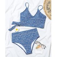Bikini azul de lunares para mujer, traje de baño Sexy de cintura alta, bañador brasileño de realce con cordones, conjunto de Bikini 2021 - details 4