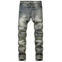 Nuevos pantalones vaqueros Vintage de retales para hombre estilo motero ajustados rectos con cierre elástico pantalones de ciclismo Denim moda urbana - details 2