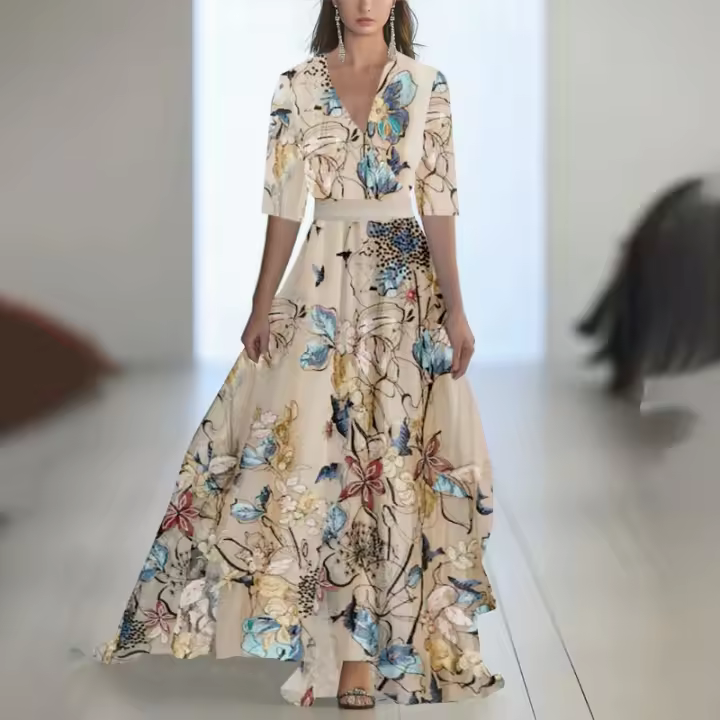 2025 Nueva ropa de mujer, vestido largo estampado con cuello con cuentas, azul - 1