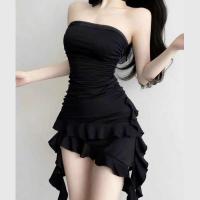 Vestido Negro sin Correas de Moda de Verano Vestido de Manga Irregular con Volantes para Mujeres - details 1