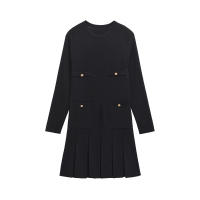 Vestido corto de punto con dobladillo plisado para mujer, minivestido negro de manga larga con cuello redondo y bolsillos frontales con botones, otoño e invierno - details 0
