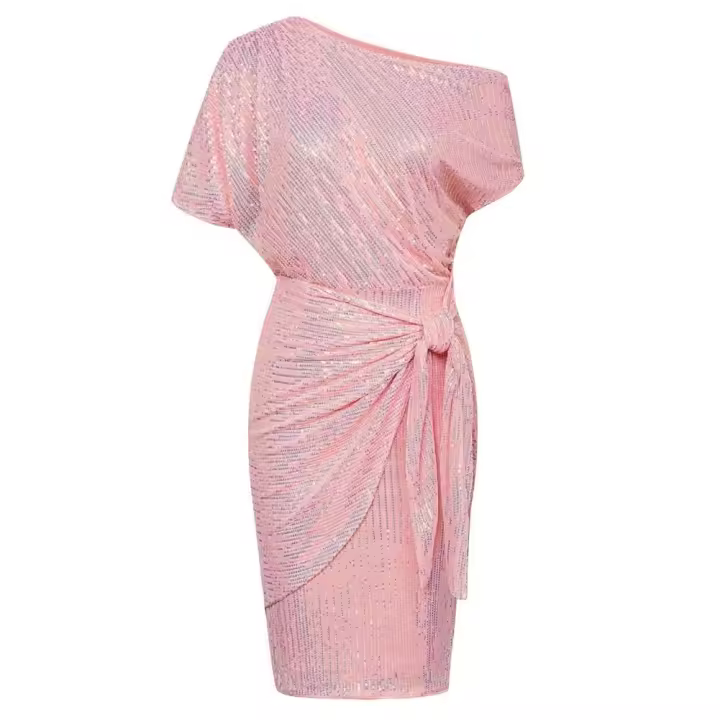 Vestidos de cola GK para mujer, vestido ajustado asimétrico de manga corta fruncido con lentejuelas para fiesta de verano - 1