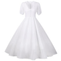 Vestido de fiesta largo vintage elegante de gasa de manga corta con farol liso de verano con cuello en V para mujer - details 9