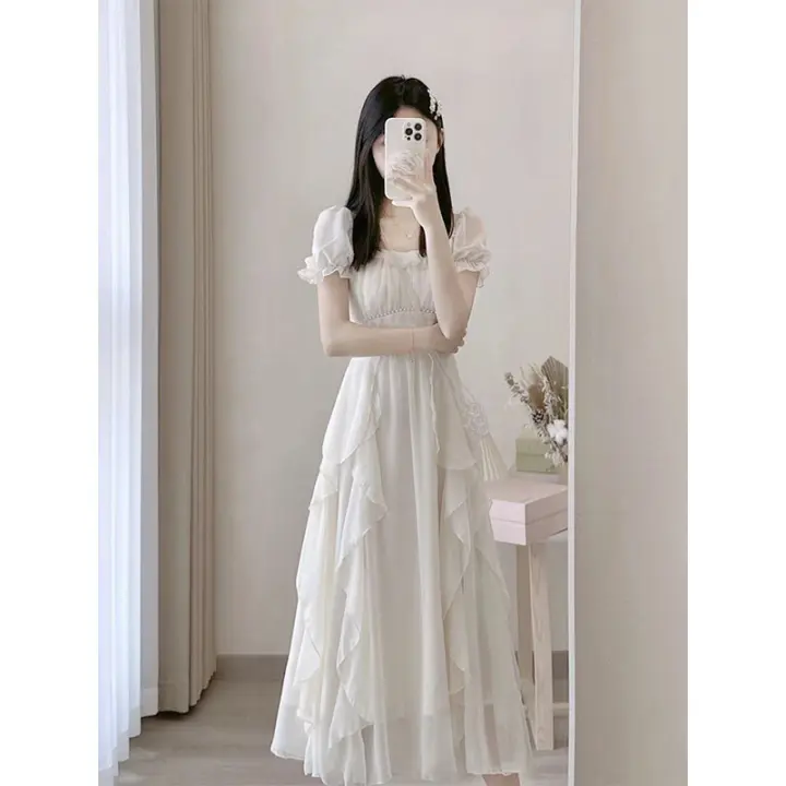Vestido blanco francés de gama alta para mujer, vestido de princesa Súper Hada, falda larga suave y elegante, verano 2025 - 1