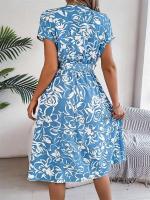 Msfilia Vestido de verano con cuello en V y cinturón plisado con estampado de moda para mujer - details 7