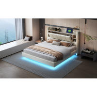 Marca de Cama Almohada 160 x 200 cm con Enchufe USB y Barra de Luz Cabeza Giratoria con Compartimentos de Almacenamiento Marco de Metal Estable Lino Doble Cama en Marrón - details 6