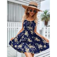 Vestido corto de verano nuevo elegante sin mangas con estampado y correa elástica en la cintura para mujer. - details 4