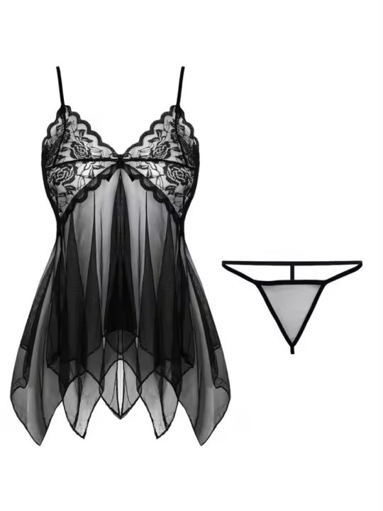 Camisón Corto de Encaje de Seda para Mujer Lencería Sexy sin Mangas, Picardías con Cuello en V, Ropa de Dormir, Vestido de Noche, Ropa Interior - 1