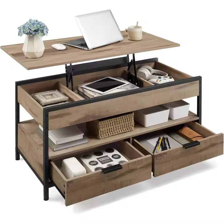 Mesa de Centro Elevable Mesa de Salón con Cajones de Almacenamiento Compartimentos Ocultos y Estante Abierto 50 x 100 cm Marrón Rústico y Negro Tinta LCT209K01 - 1