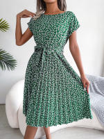 Spring Summer Women Short Sleeve Pleated Long Dress Elegant High Waist Floral Fashion A-line Dress - details 11